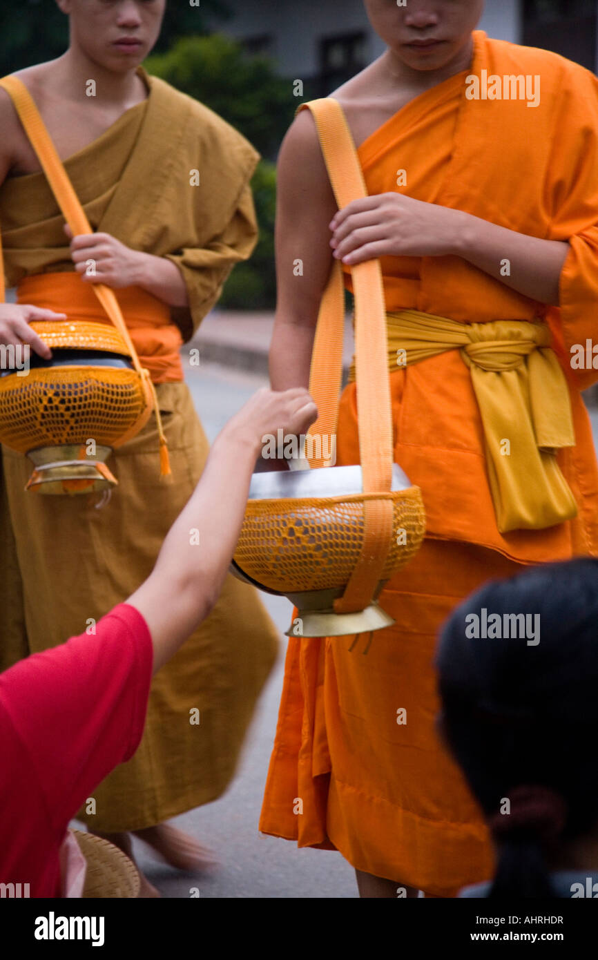 Donna locale dare il riso elemosina ai monaci in Luang Prabang Laos Foto Stock