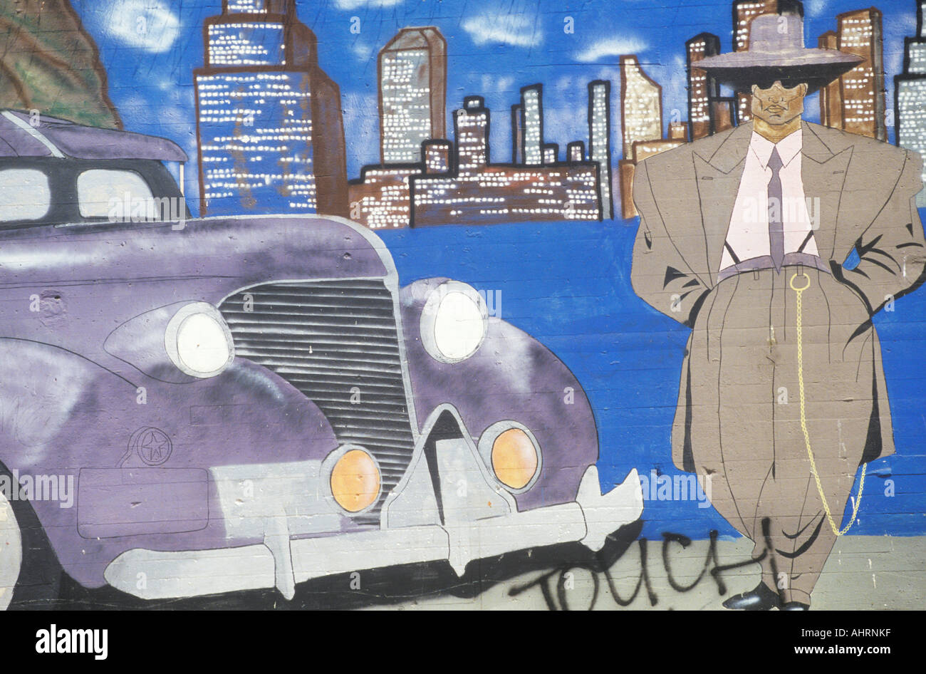 Murale di zoot suiter e auto a South Central Los Angeles California Foto Stock