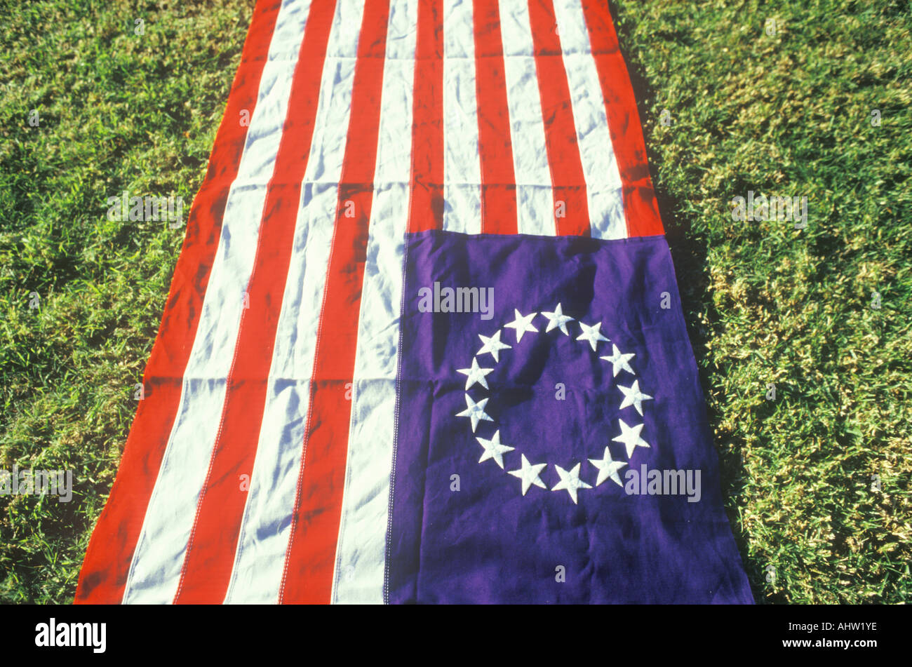 Bandiera americana con tredici stelle disteso sul prato verde negli Stati Uniti Foto Stock