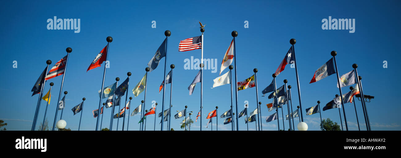 Ci sono stato 50 bandiere sventolano al vento sui pennoni pari lontane tra loro contro un cielo blu con la bandiera americana in Foto Stock