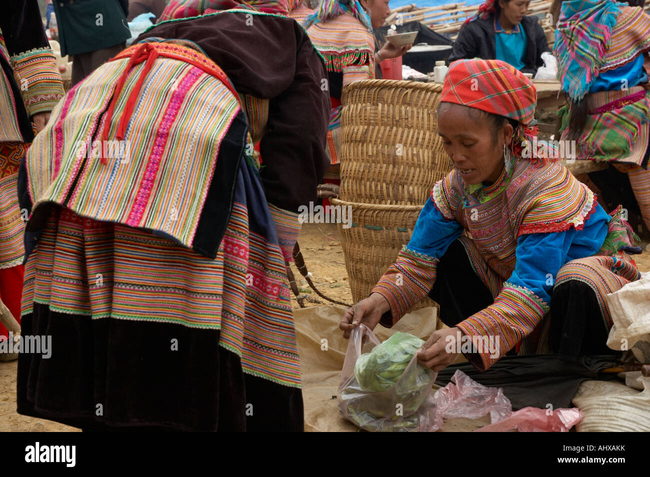 Le donne dal fiore Hmong Trlbe Hill, Cancau Mercato, vicino a SAPA, Vietnam Foto Stock