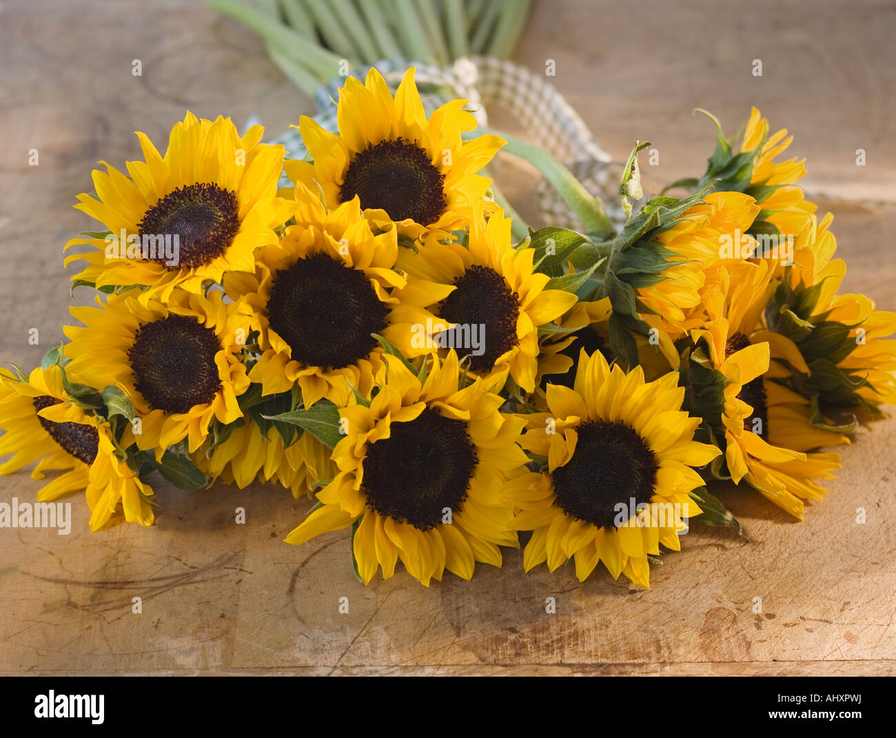 Bouquet di girasoli su tavola Foto Stock