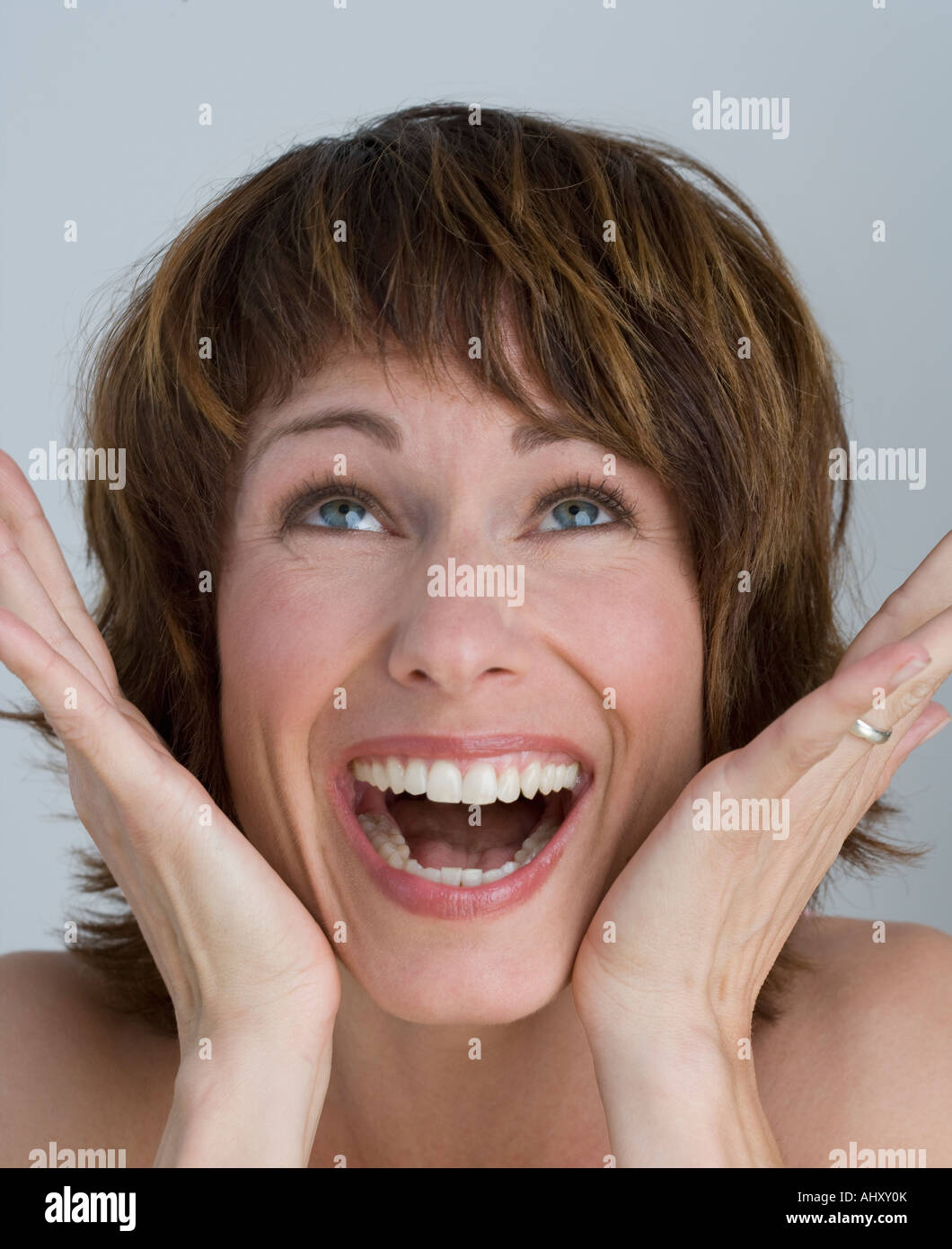 Close up della donna che ride Foto Stock