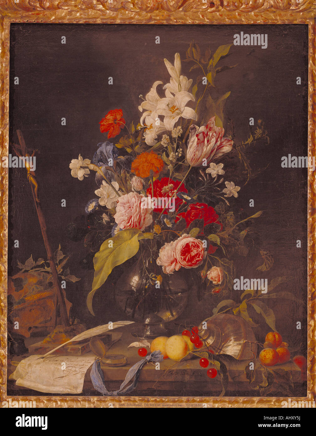 "Belle Arti, Heem, Jan Davidsz de, (1606 - 1684), pittura, "fiore ancora in vita con il crocifisso e il cranio', circa 1630, olio su CAN Foto Stock