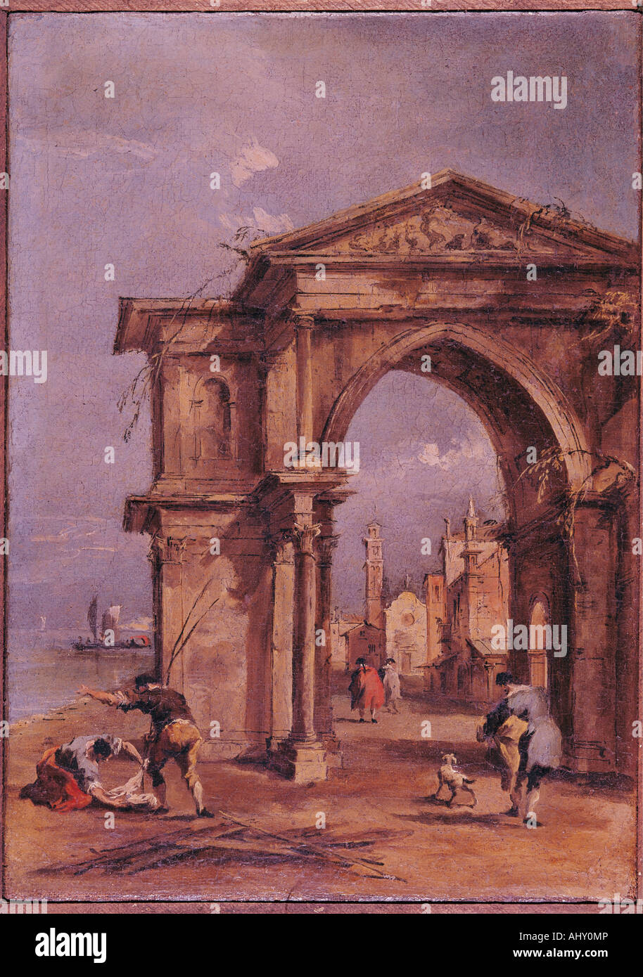 "Belle Arti, Guardi, Francesco (1712 - 1793), pittura, 'Arch con macchiette' ('arch con tipici abitanti"), circa 1770 Foto Stock