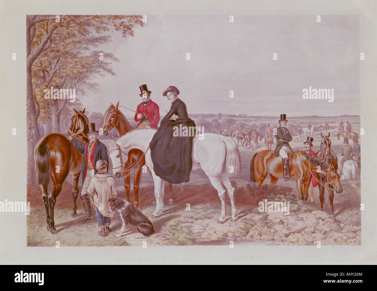 "Belle Arti, aringa, John Frederick, (1795 - 1865), grafica, 'Meeting per Fox Hunt', Litografia a colori, Tedesco Museo di caccia Foto Stock