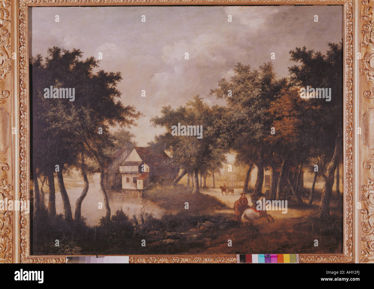 "Belle Arti, pittura, 'paesaggio con mulino ad acqua", sconosciuto artista olandese, olio su pannello, 71,5 cm x 89,9 cm, Lazaro Galdiano muse Foto Stock