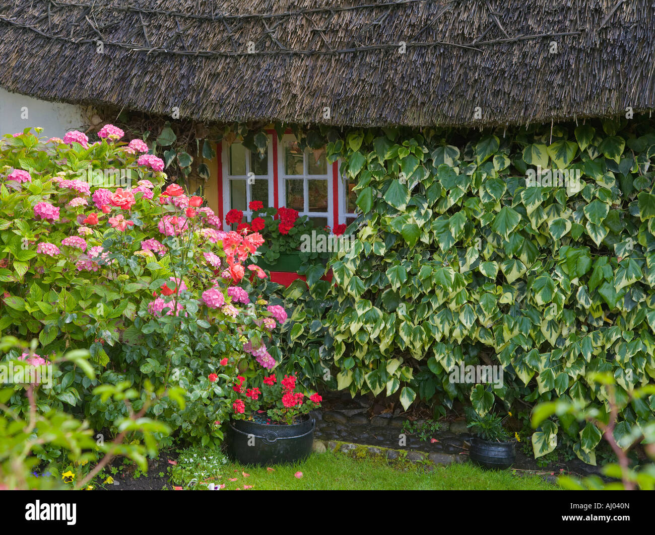 Cottage con il tetto di paglia Adare County Limerick Irlanda Foto Stock