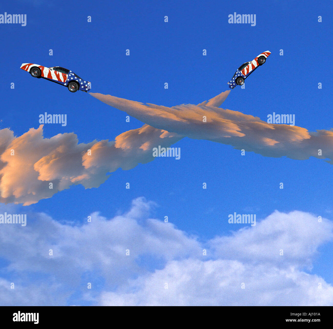 Auto volare come razzi in aria con vapore contrail cielo blu Foto Stock