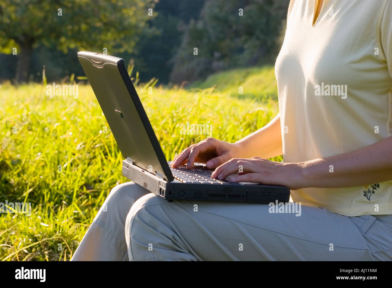 Donna digitando su un computer portatile in un verde prato Foto Stock