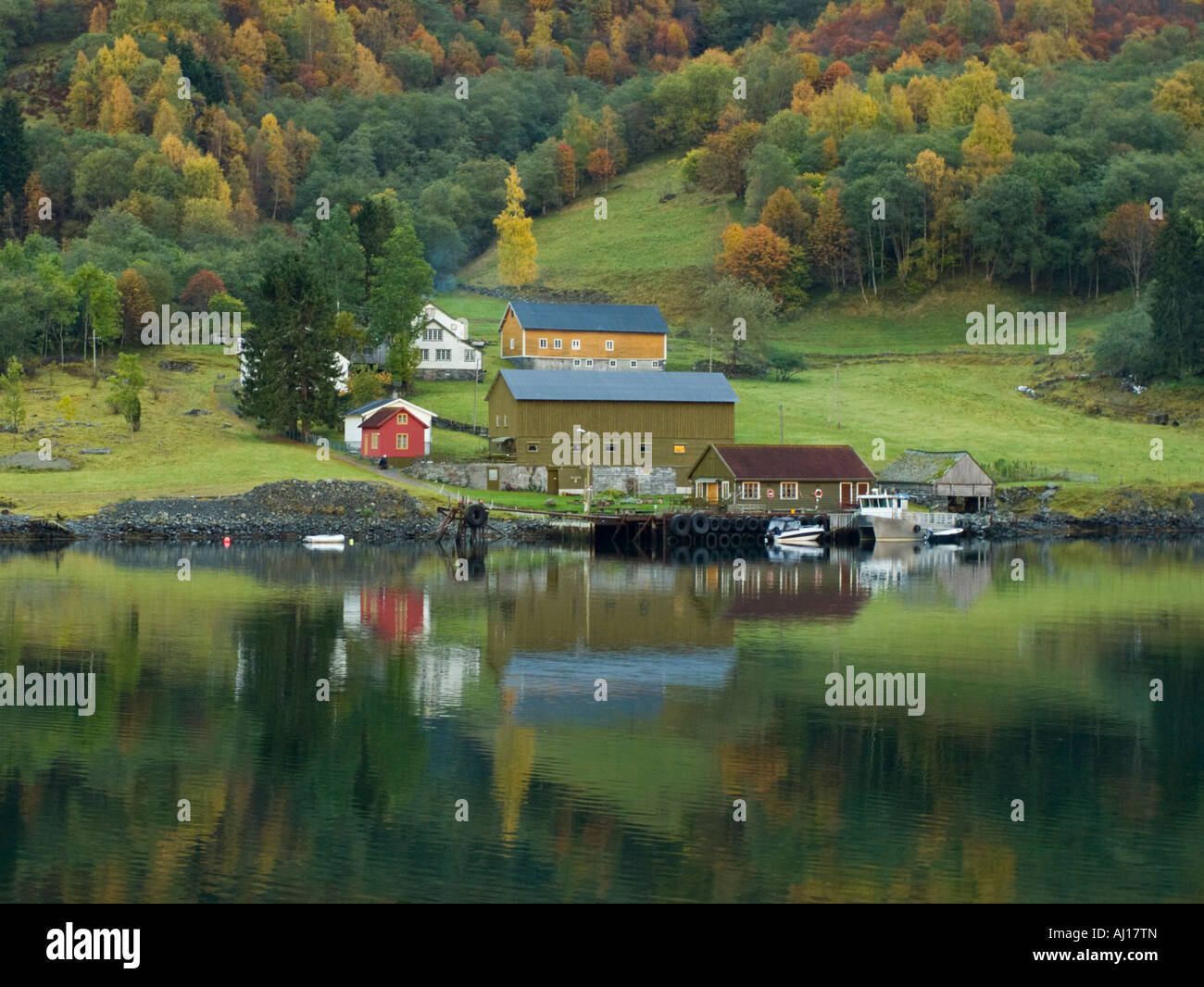 Borgo sulle rive del Naerøyfjorden, Norvegia. Foto Stock