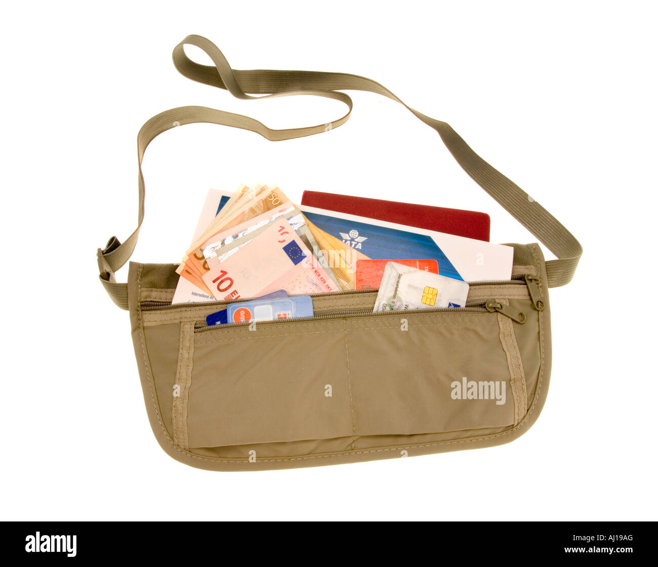 Requisiti di viaggio borsa box borsa del ventre marsupio fanny pack biglietti passaporto soldi contanti wallet per esterno Foto Stock