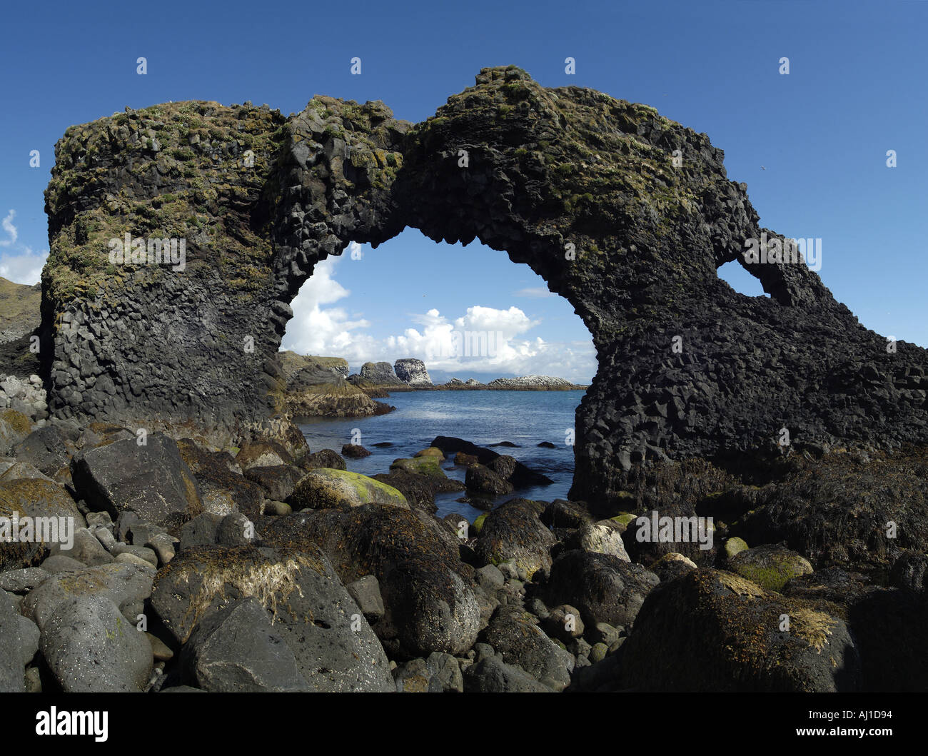 Arco di roccia in basalto presso la costa di Arnarstapi Islanda Foto Stock