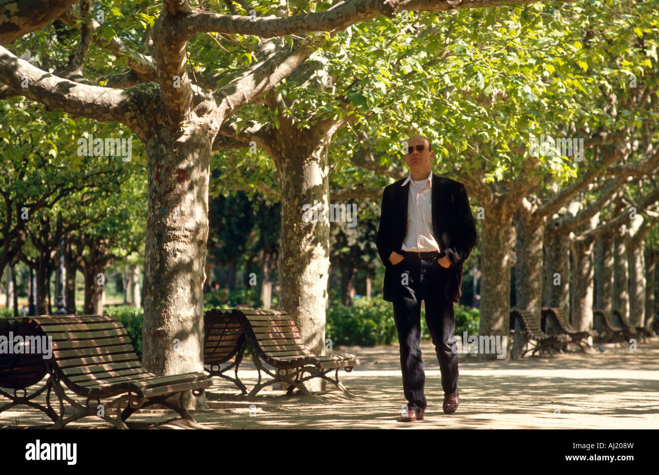 Uomo a camminare sotto gli alberi in pezzata sun Foto Stock