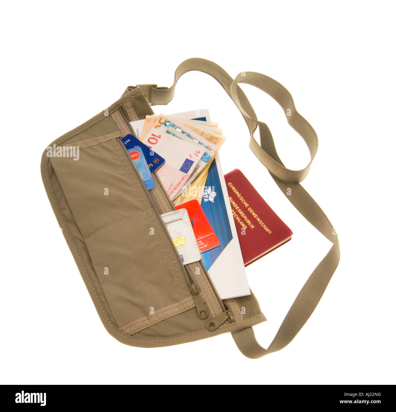 Requisiti di viaggio borsa box borsa del ventre marsupio fanny pack biglietti passaporto soldi contanti wallet per esterno Foto Stock