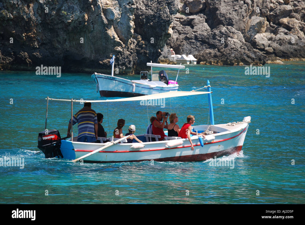 Escursione in barca, Paleokastritsa, Kerkyra, Corfù, Isole IONIE, Grecia Foto Stock