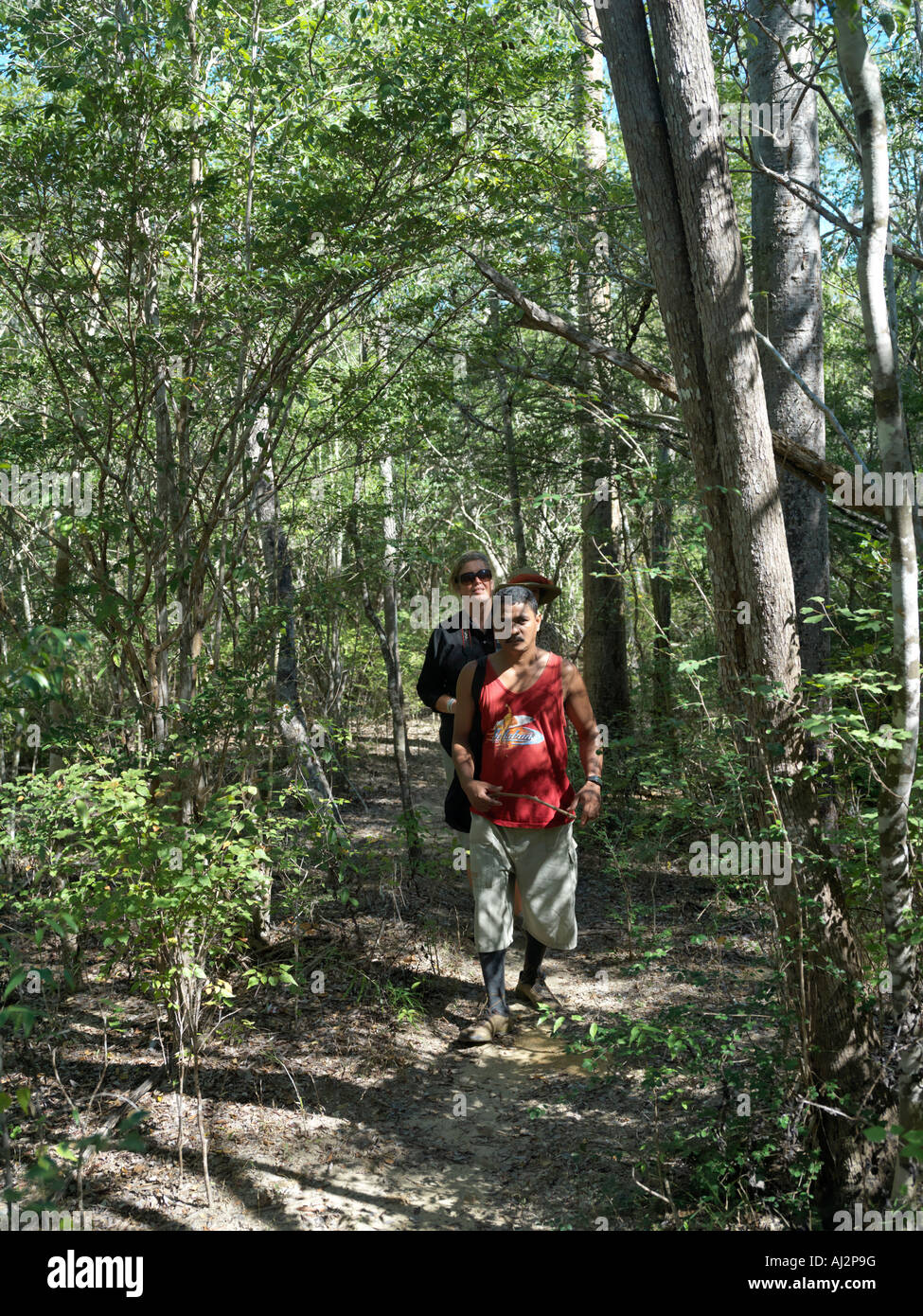 Una guida che conduce i visitatori in un percorso di foresta di Kirindy National Park in cerca di lemuri. Foto Stock