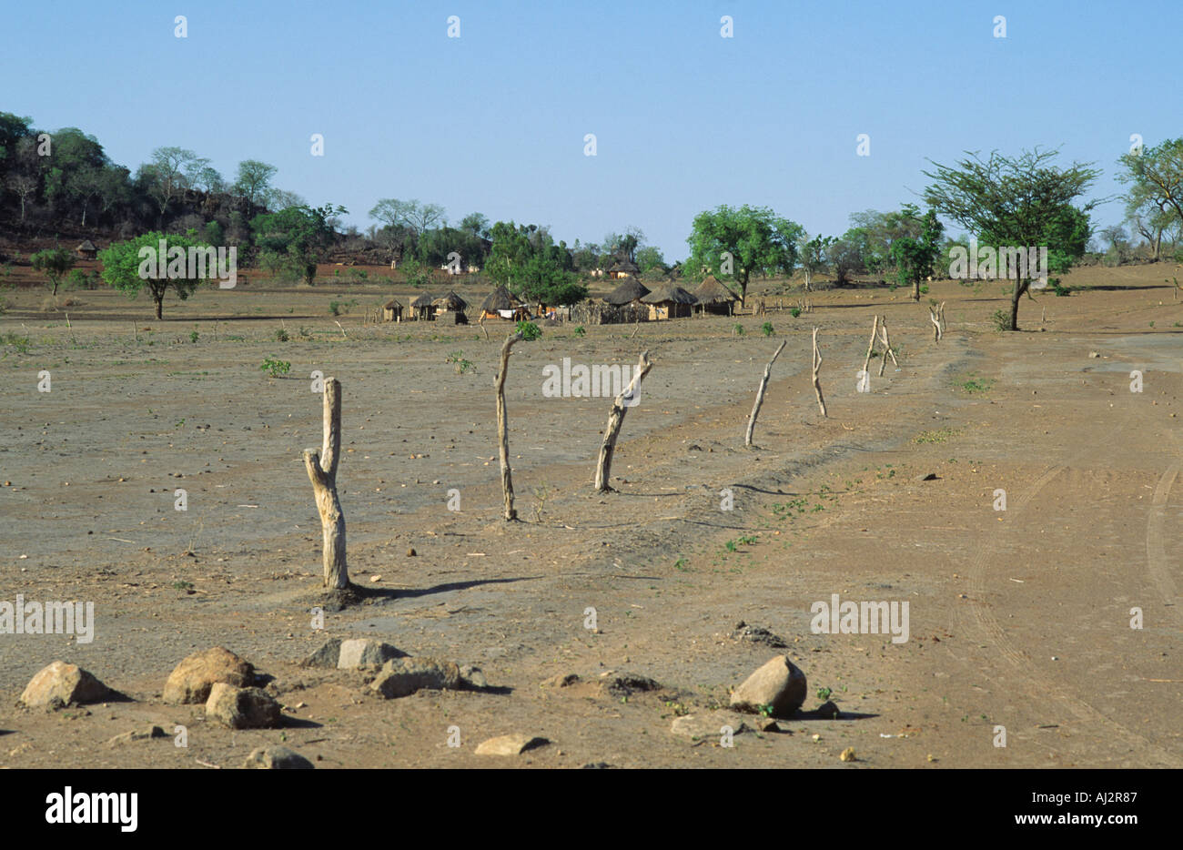 Una scena arida di un villaggio colpito dalla siccità. Zimbabwe Foto Stock