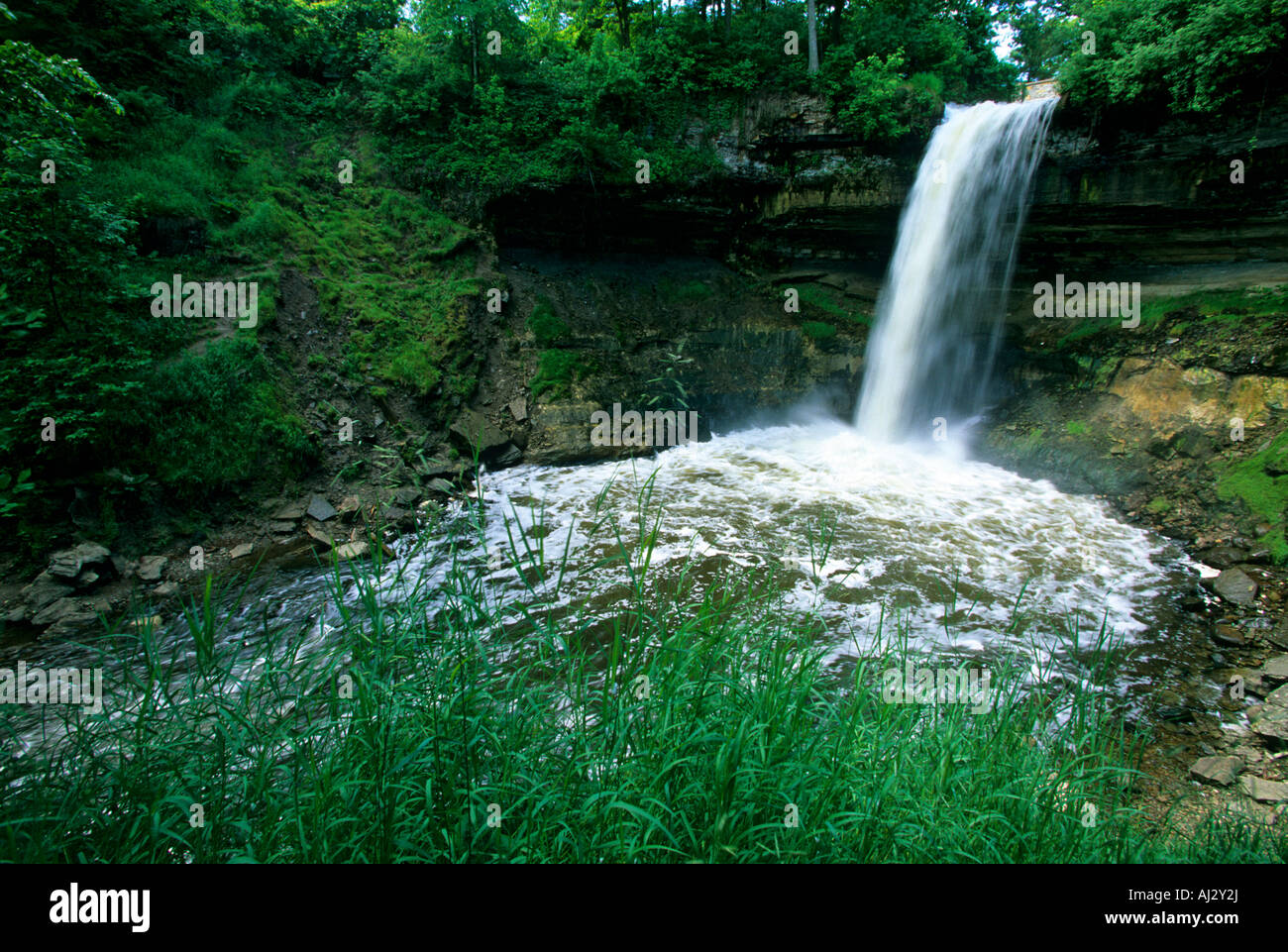 Cascate MINNEHAHA E CREEK IN MINNEHAHA PARK, Minneapolis, Minnesota. Giugno. Foto Stock