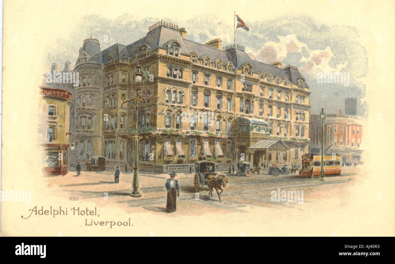 Chromolithographed Cartolina pubblicitaria per Adelphi Hotel, Liverpool, circa 1905 Foto Stock