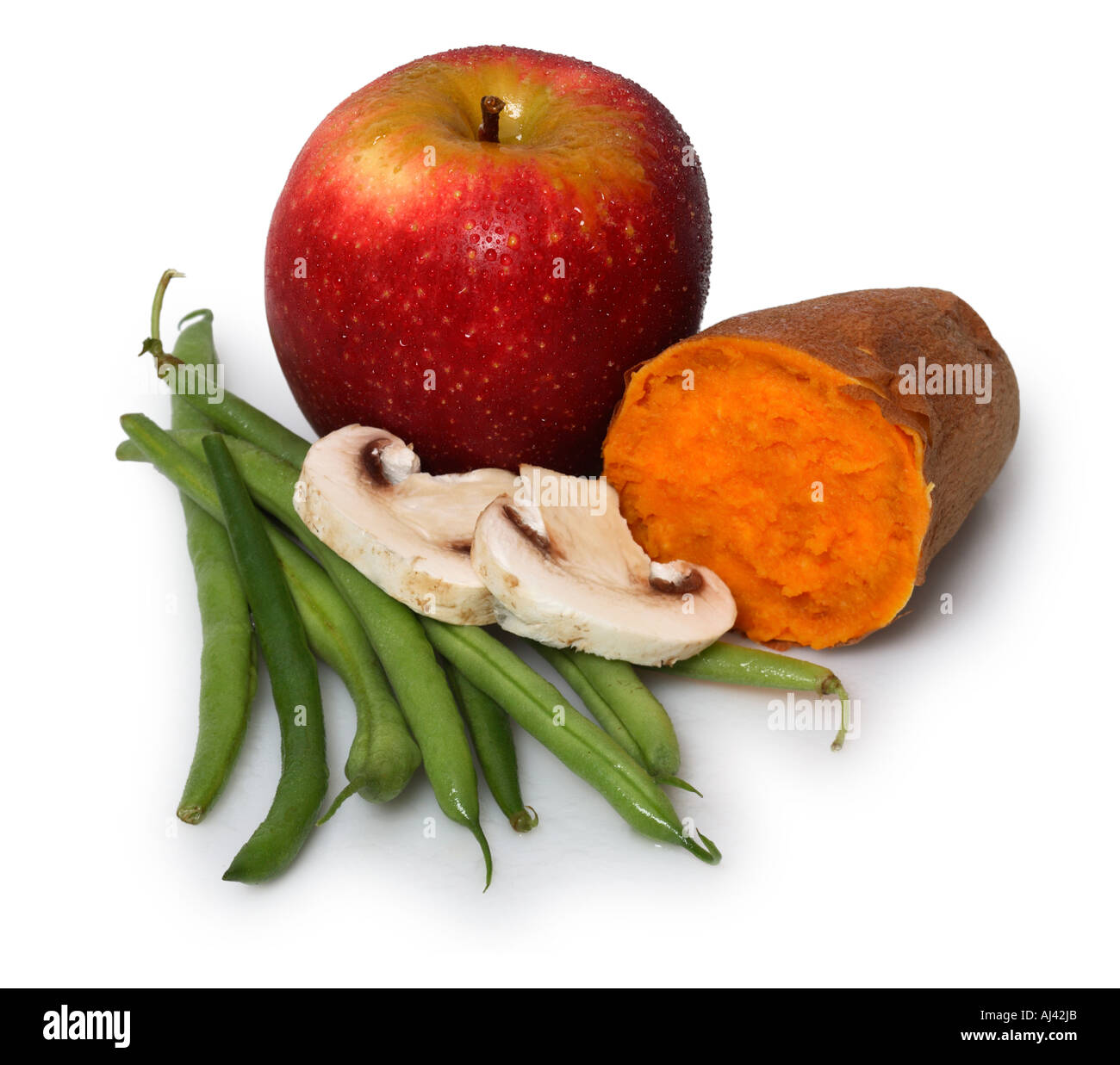 Apple, patata dolce, i funghi e i fagiolini verdi. Foto Stock
