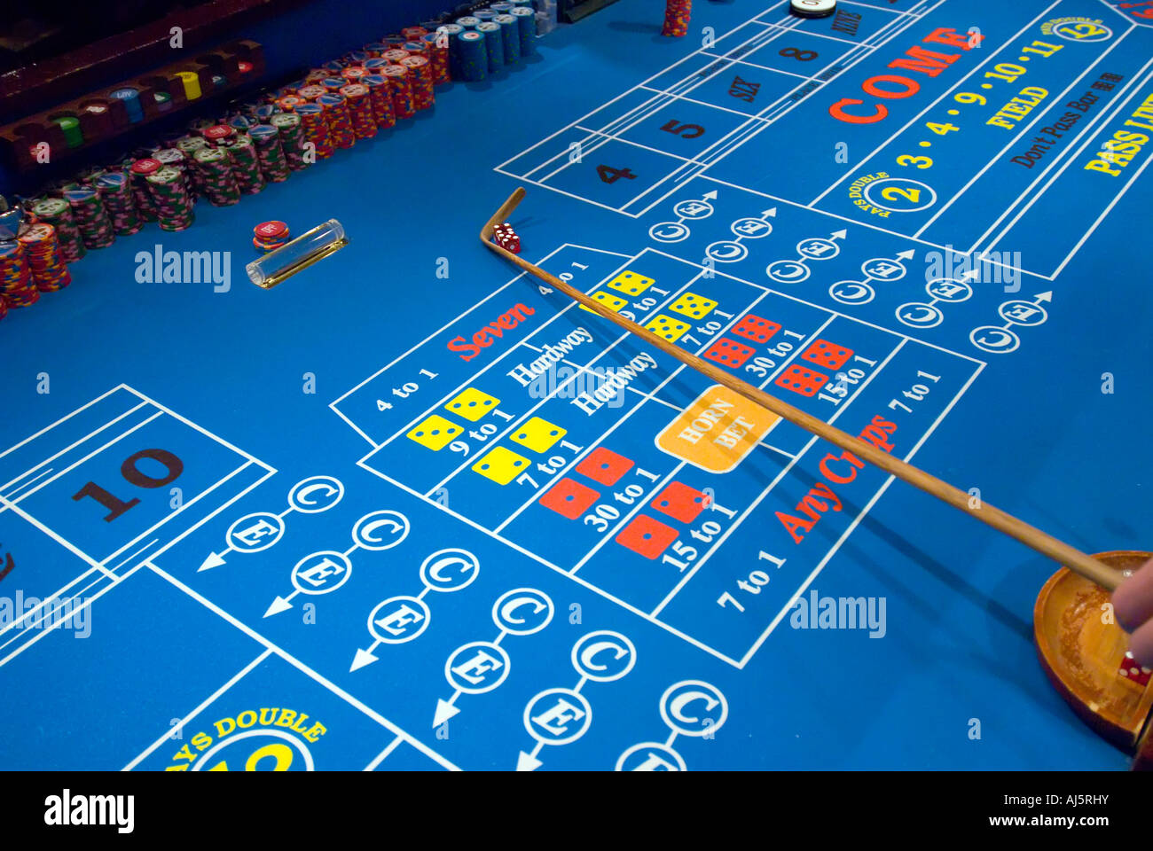 Il gioco d'azzardo tavolo da craps dipendenza azione coinvolgente Casino gioco d'azzardo gioco azzardo croupier dealer gioco di gioco d'azzardo giochi mani hor Foto Stock