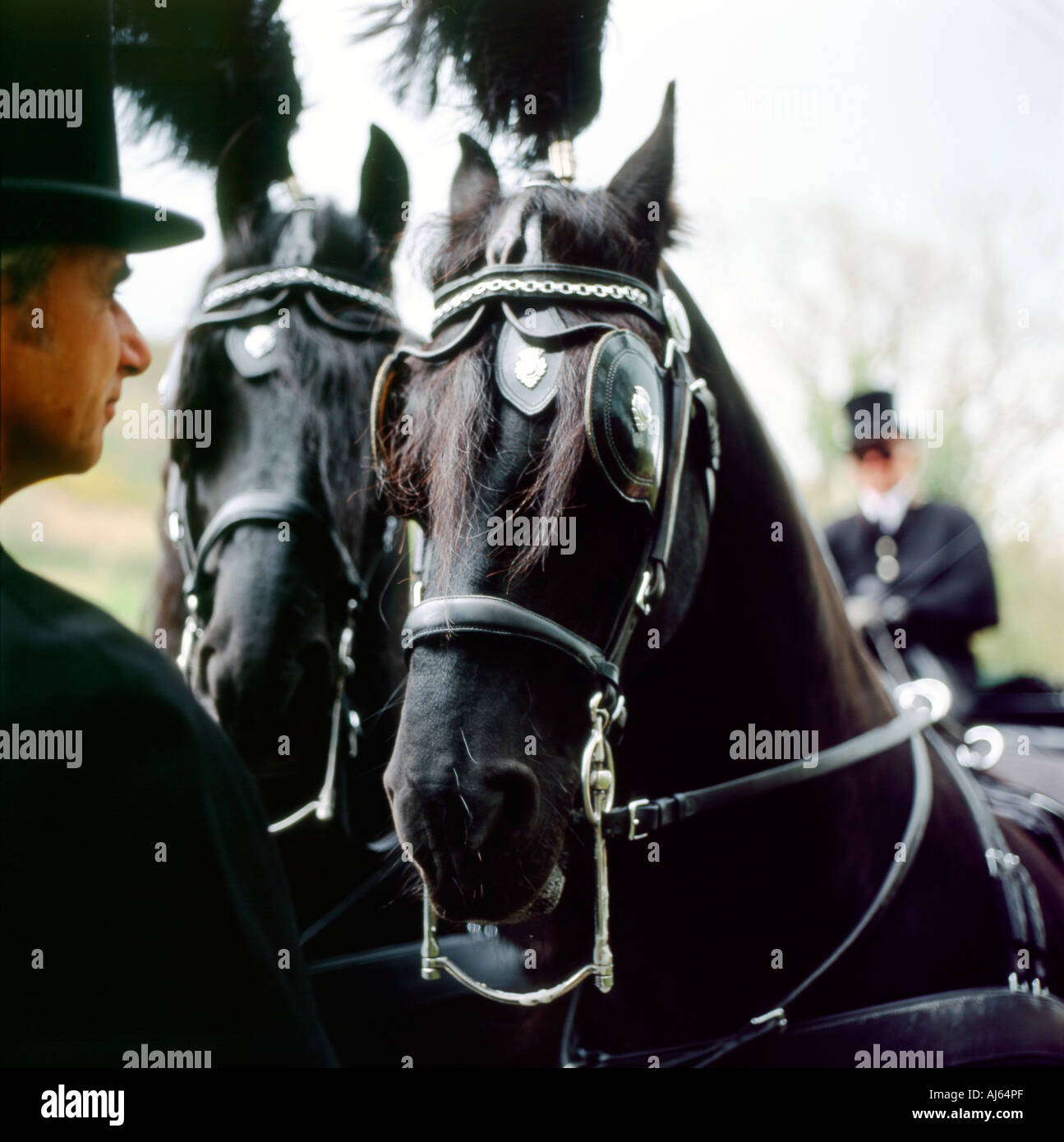 Cavallo e Carrozza funebre e driver con top hat a Welsh agricoltore i funerali Llanwrda Carmarthenshire Wales UK KATHY DEWITT Foto Stock