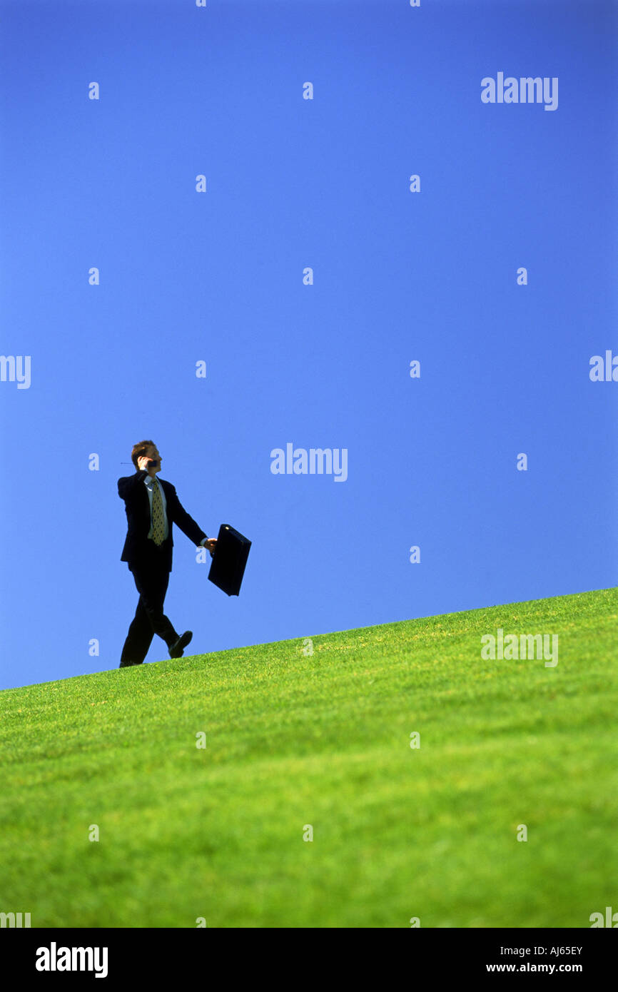 Imprenditore della tuta con valigetta camminare su per la collina erbosa Foto Stock