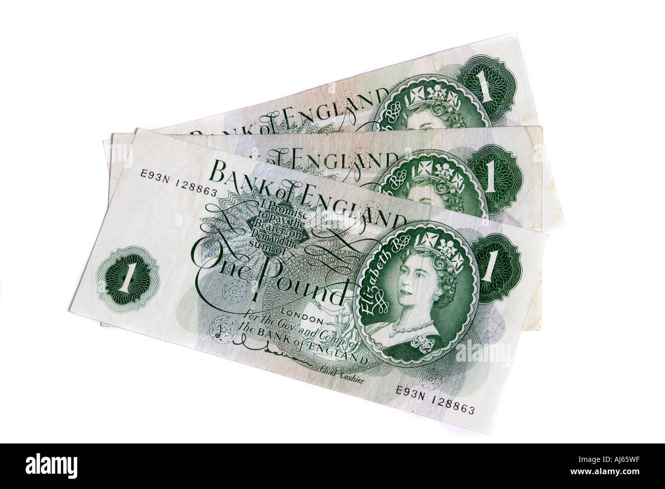 Tre 1970 British una libbra di banconote. Foto Stock