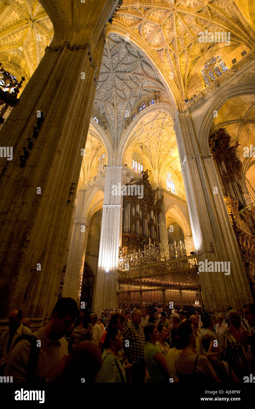 Egli interno impressionante e soffitti della cattedrale di Sevilla Siviglia Spagna Foto Stock