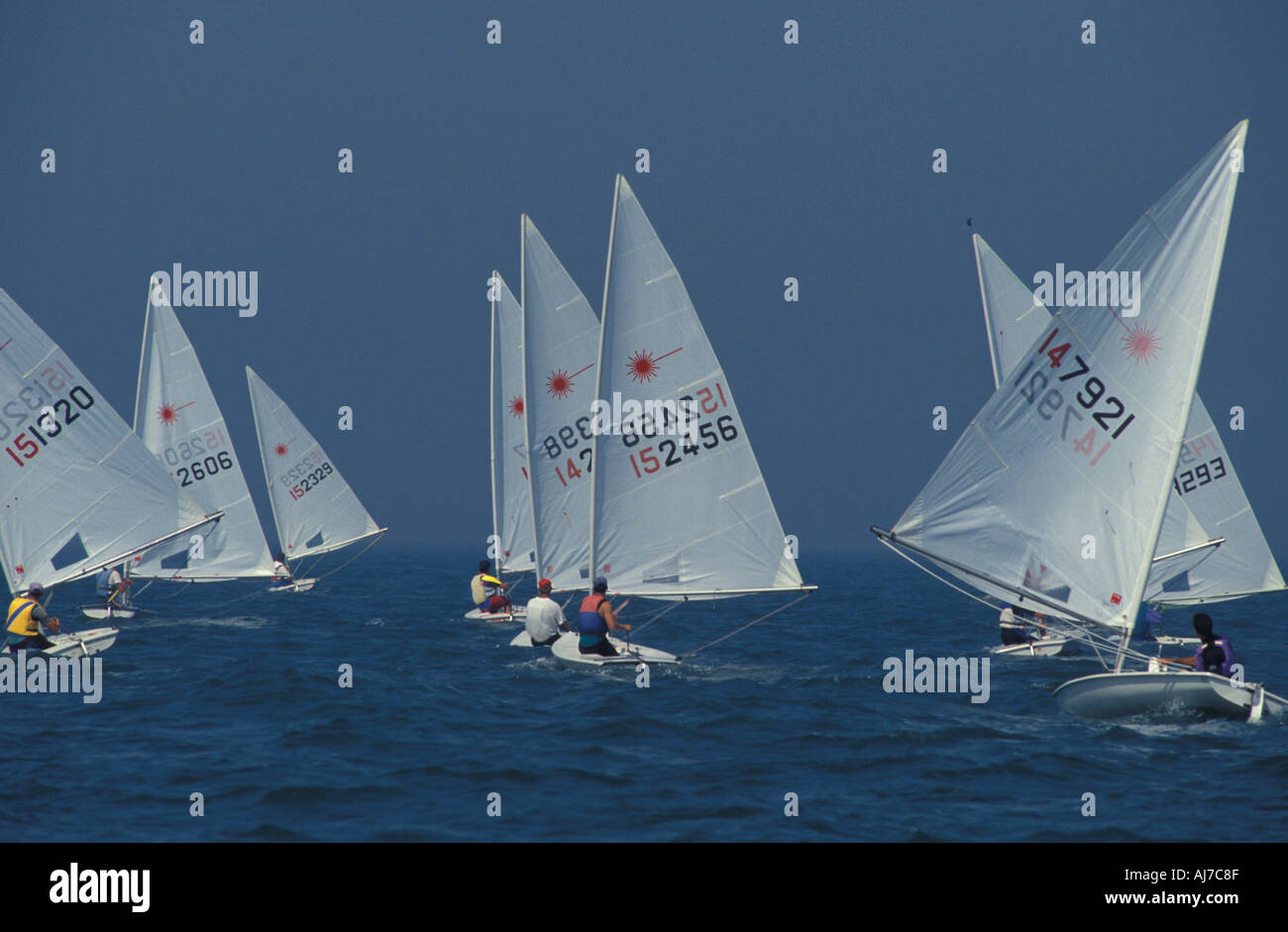 Flotta di Laser dinghys racing in euro campionati canale inglese England Regno Unito Foto Stock