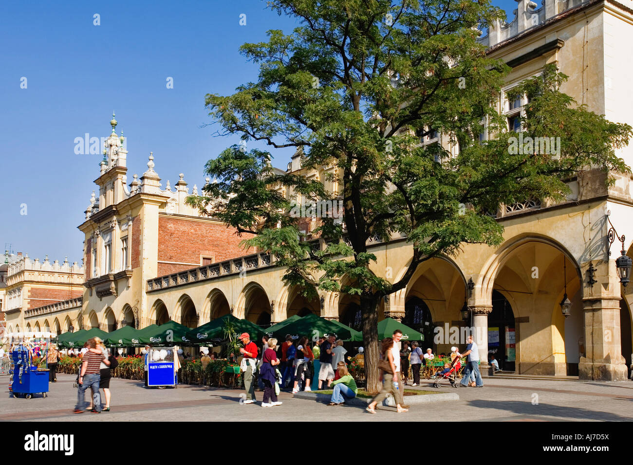 Tourist godendo le frazioni presso il panno Hall sulla Piazza del Mercato nel centro storico di Cracovia, in Polonia. Foto Stock
