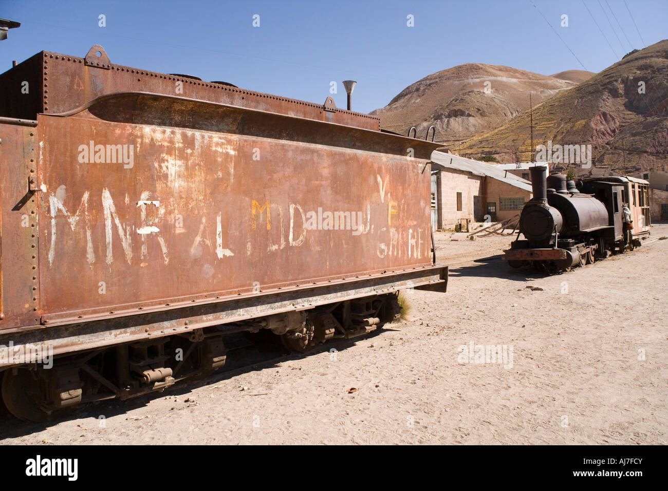 Di vecchi treni alla città mineraria di Pulacayo, incluso l'ultimo treno derubato da Butch Cassidy e Sundance Kid, Bolivia Foto Stock