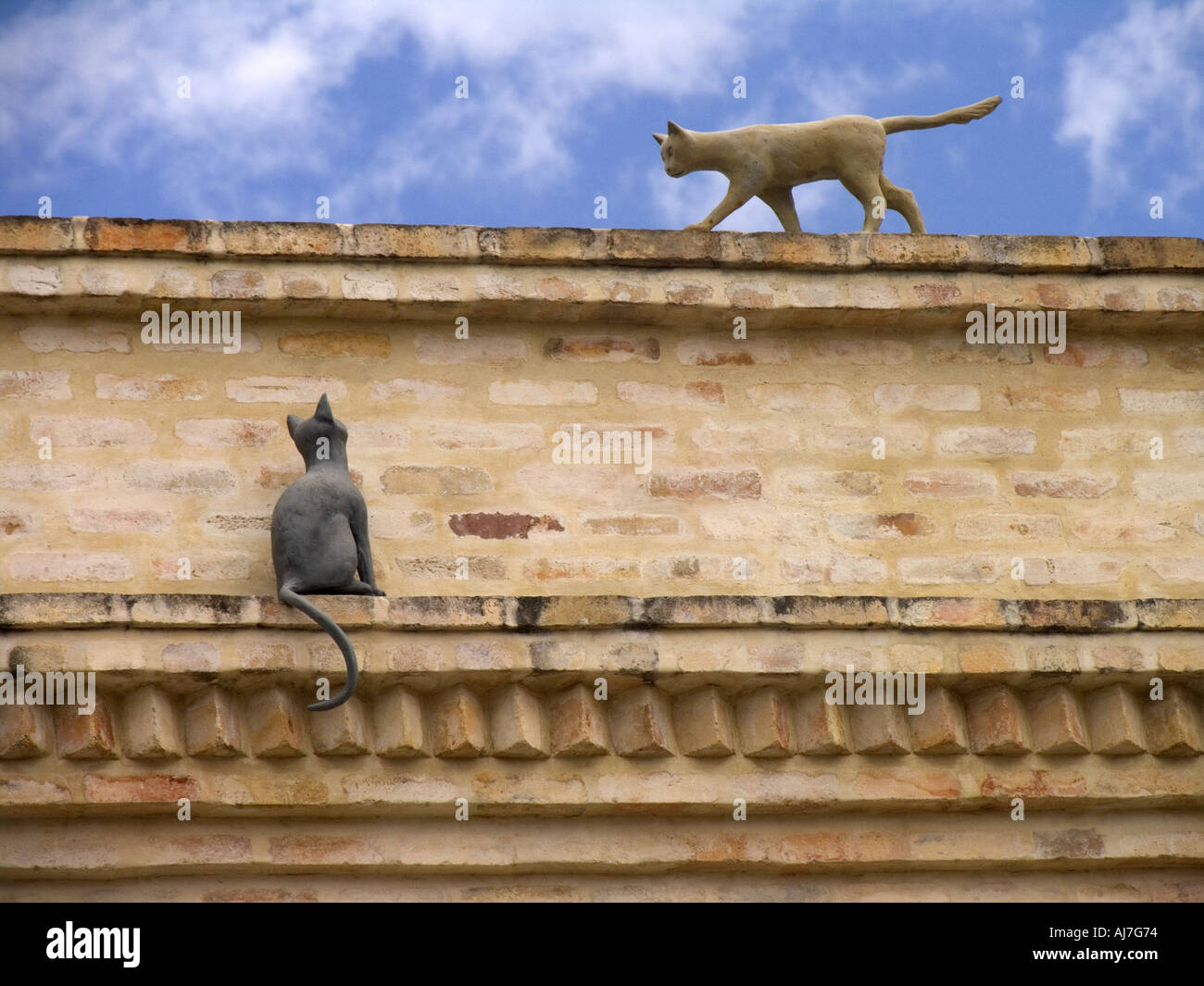 Gatti in pietra sul negozio di fronte, Rua das Pedras, Buzios, Rio de Janeiro, Brasile, Sud America Foto Stock