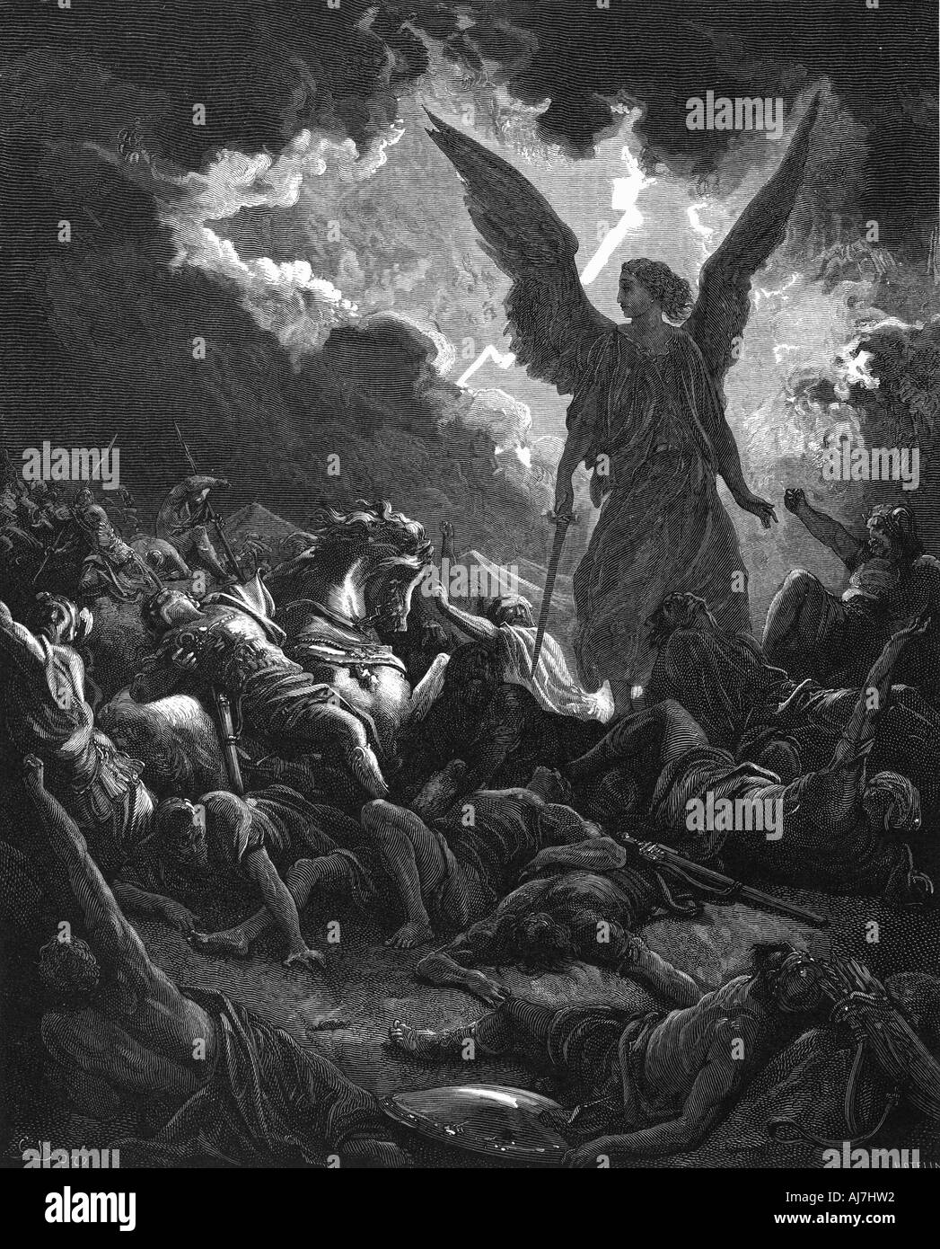 L Arcangelo Gabriele, strumento di Dio, smiting il camp di Sennacherib e gli Assiri, 1865-1866. Artista: Gustave Doré Foto Stock