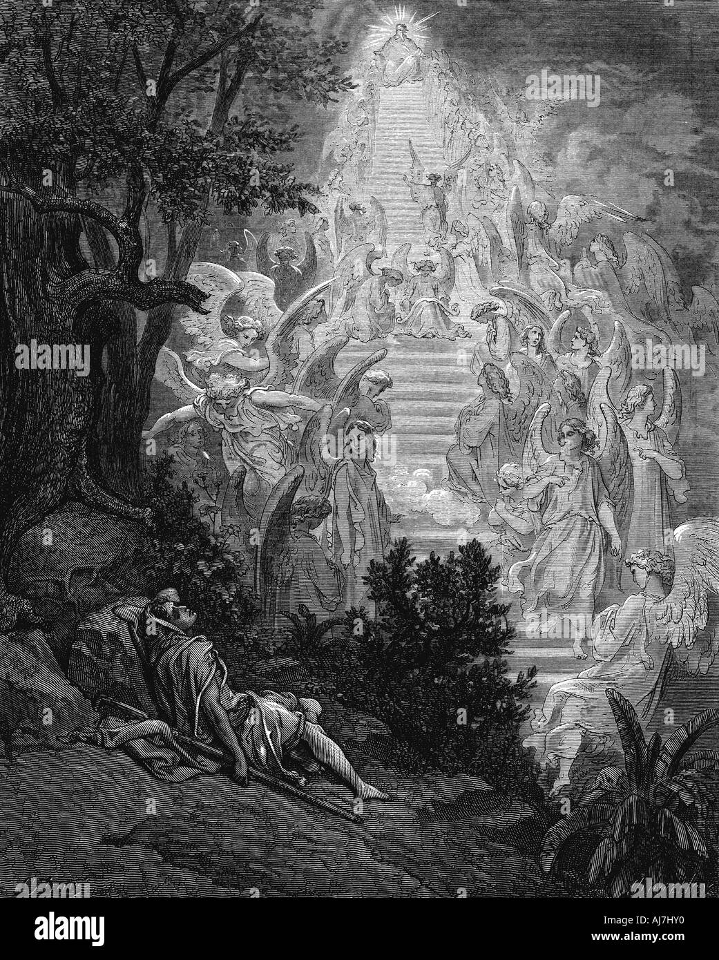 Giacobbe il sogno di una scalinata che conduce al cielo con Dio in cima, 1865-1866. Artista: Gustave Doré Foto Stock