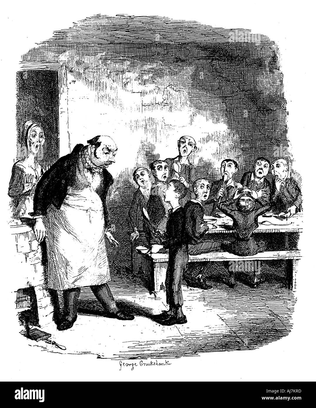 Scena di Oliver Twist di Charles Dickens, 1836. Artista: James Mahoney Foto Stock