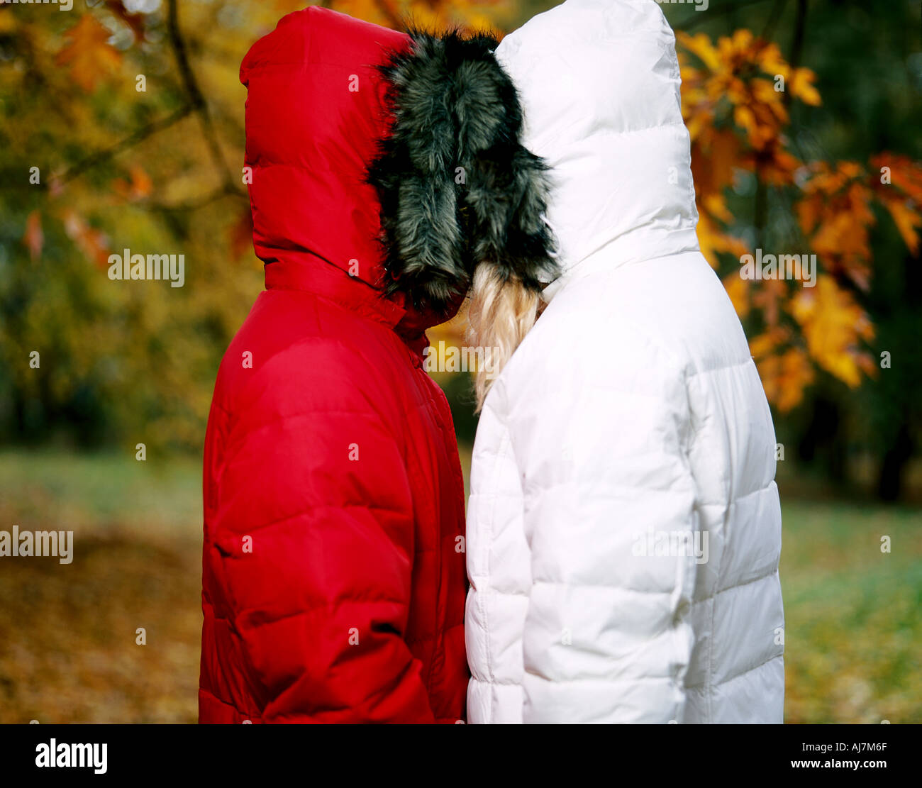 Giornata all'aperto inverno autumn tree di alberi a foglia lascia donna uomo ragazza ragazzo giovane coppia giovane Foto Stock