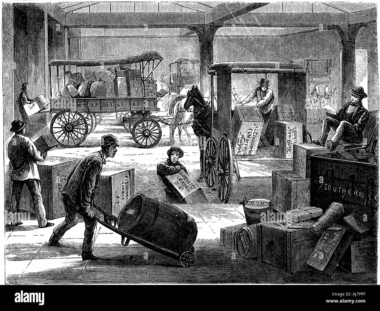 Caricamento fino a cavallo il furgoni presso la Wells Fargo ufficio generale, New York, USA, 1875. Artista: sconosciuto Foto Stock