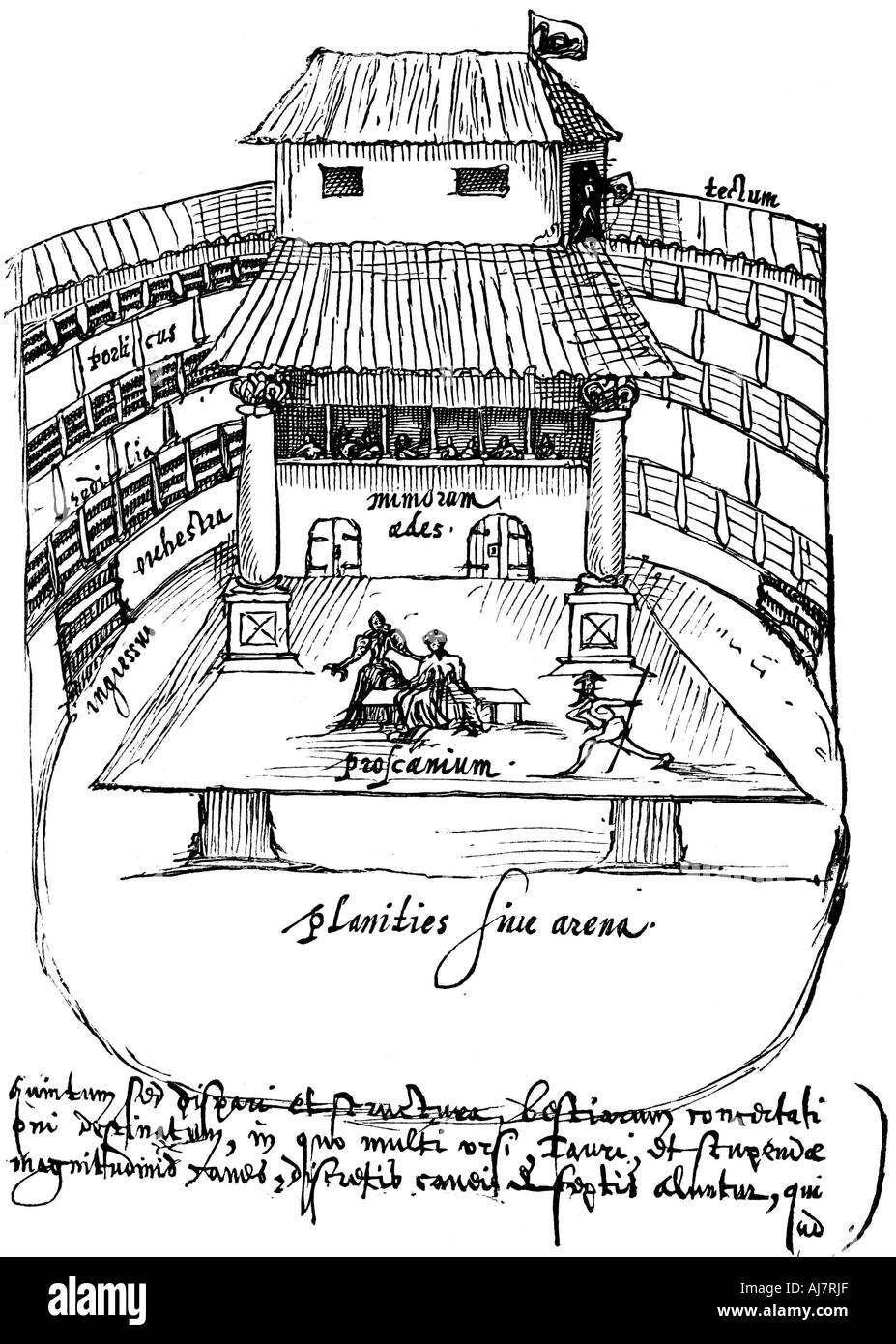 Interno del Swan Theatre, Bankside, Londra, 1596. Artista: Aernout van Buchel Foto Stock