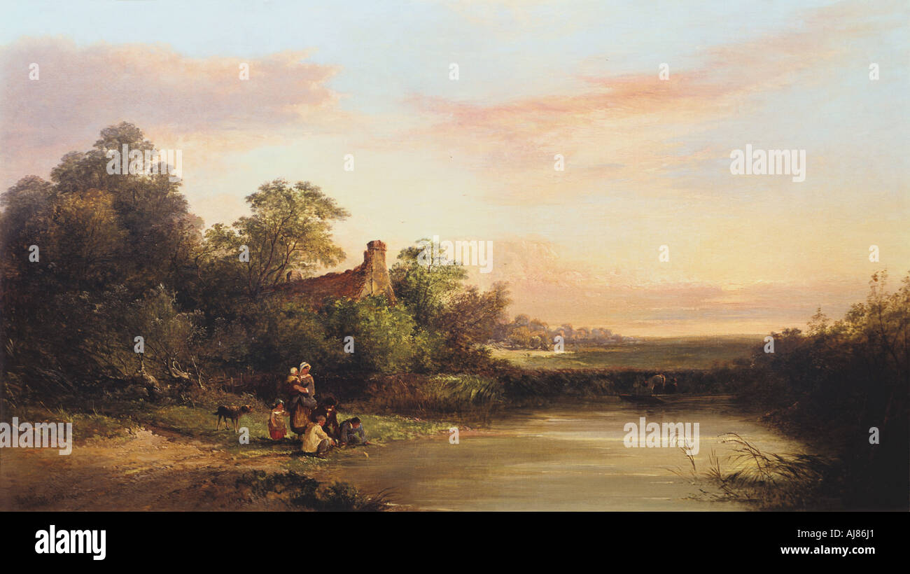 "L'inglese paesaggio con cottage e Stream', 1860. Artista: Edward Charles Williams Foto Stock