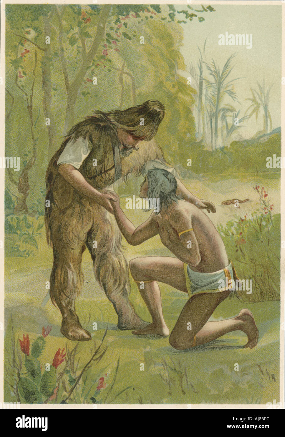 Scena di Robinson Crusoe di Daniel Defoe, 1892. Artista: John Dawson Watson Foto Stock