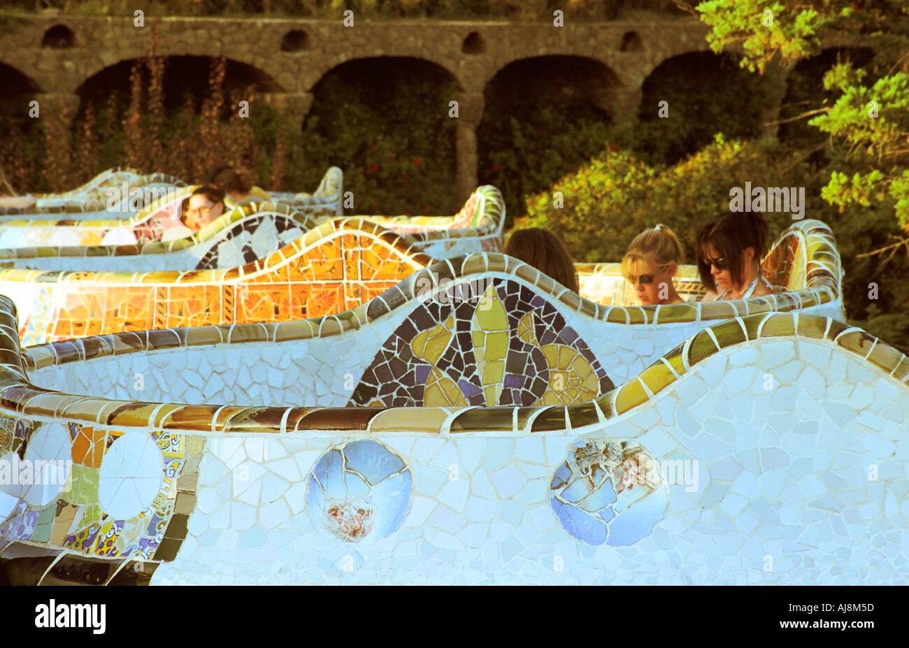 Parc Güell a Barcellona Spagna di dominio pubblico Foto Stock