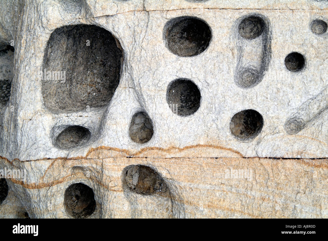 Fori tondi erosi in pietra di marmo Foto Stock