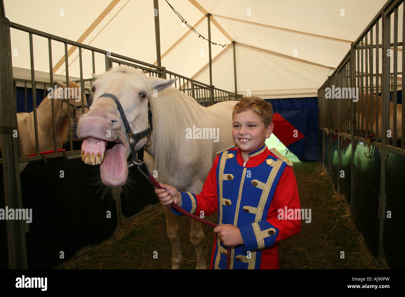 Circus Justin a ridere con un cavallo Foto Stock