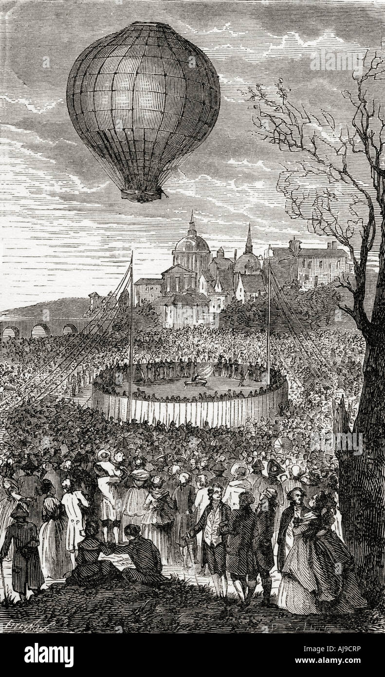 Primo viaggio aereo, Parigi, Francia, pilotato da Jean-François Pilâtre de Rozier e François Laurent d'Arlandes nel 1783. Foto Stock