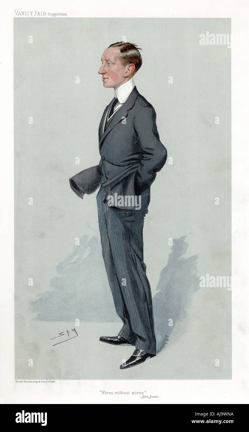 Guglielmo Marconi, fisico italiano e inventore e pioniere della telegrafia senza fili. Artista: Spy Foto Stock