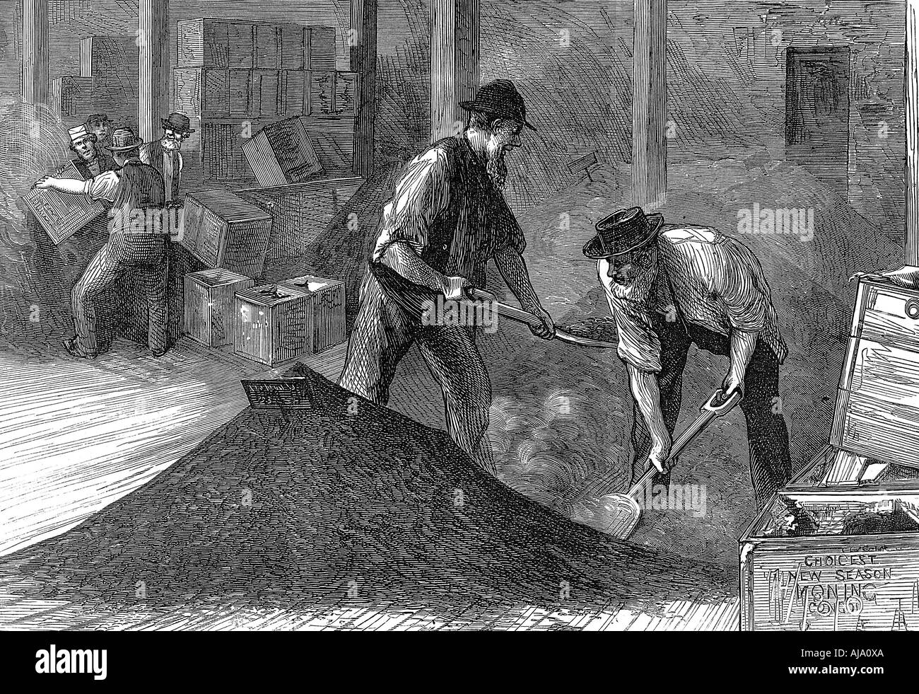 Tè bulking nei magazzini della East & West India Dock Company, Londra, 1874. Artista: sconosciuto Foto Stock