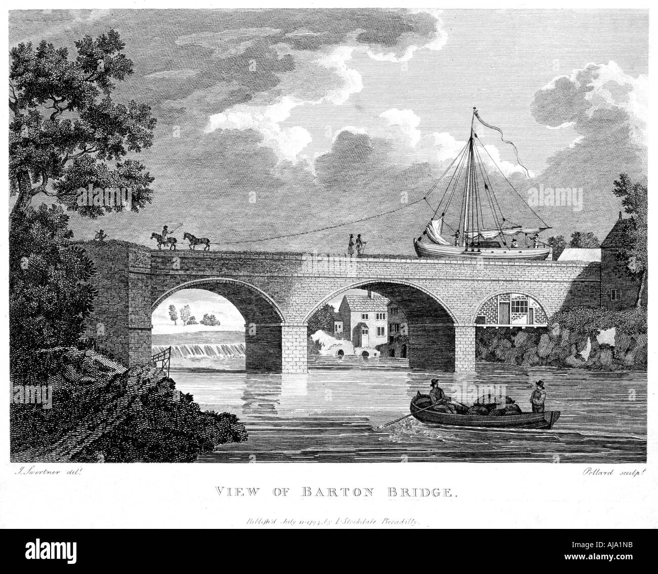 Barge attraversando l acquedotto Barton su Irwell, Salford, Greater Manchester, c1794. Artista: Robert Pollard Foto Stock