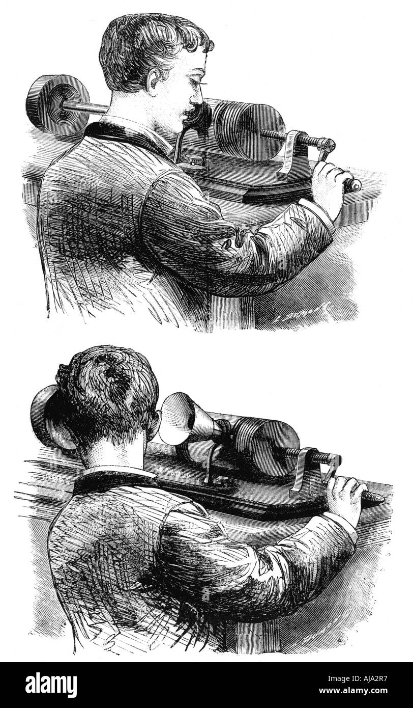 Esecuzione di una registrazione e ascolto, prima Edison fonografo, 1878. Artista: sconosciuto Foto Stock